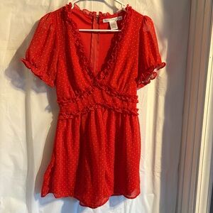 Altar’d State Bowie Romper Women’s Sz‎ Small Red Polka Dot Ruffle Zippered Back